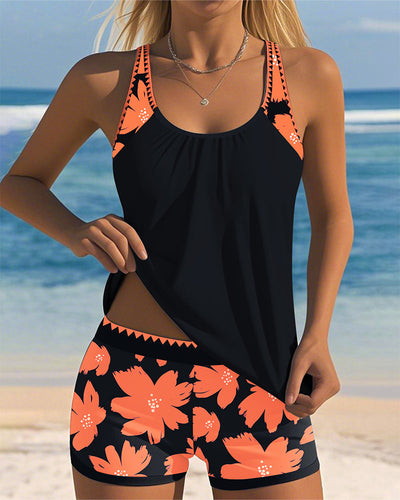 Ärmelloser Tankini mit U-Ausschnitt und Boxer-Muster