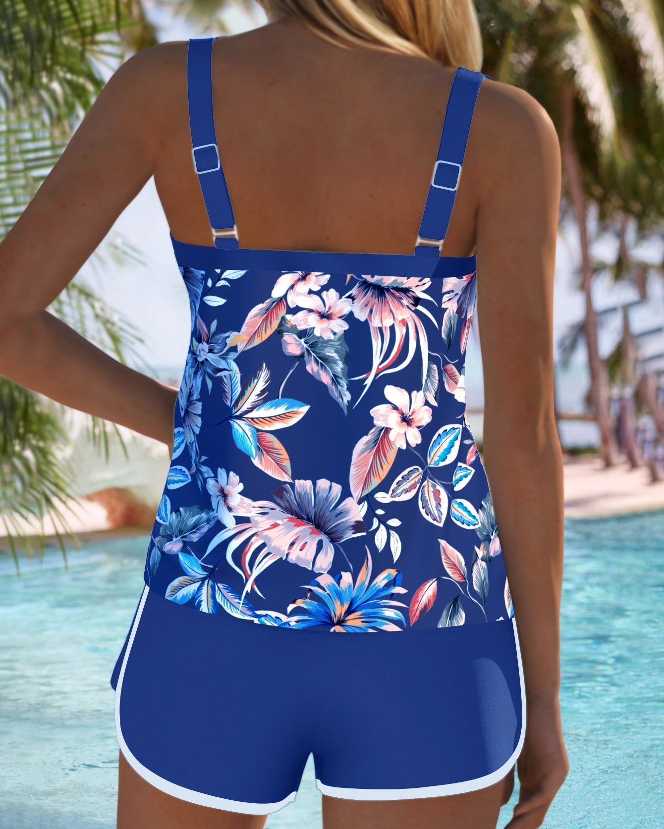 Ermeløs Tankini med U-utskjæring og mønsterdesign